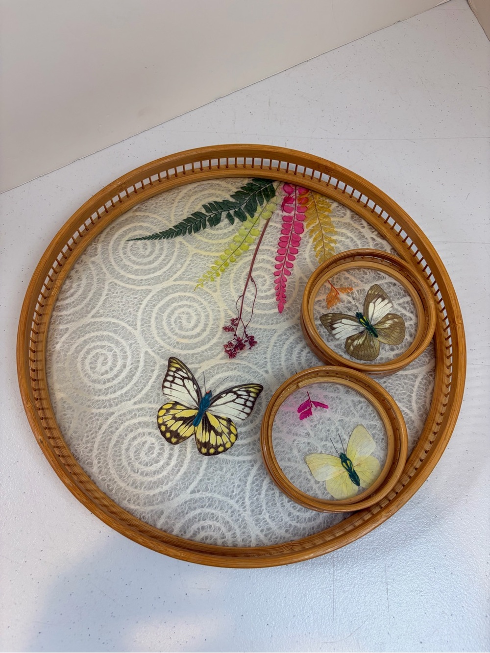 Vintage 1970s Bamboo Preserved Butterfly Serving Tray 2 Coasters Boho Barware